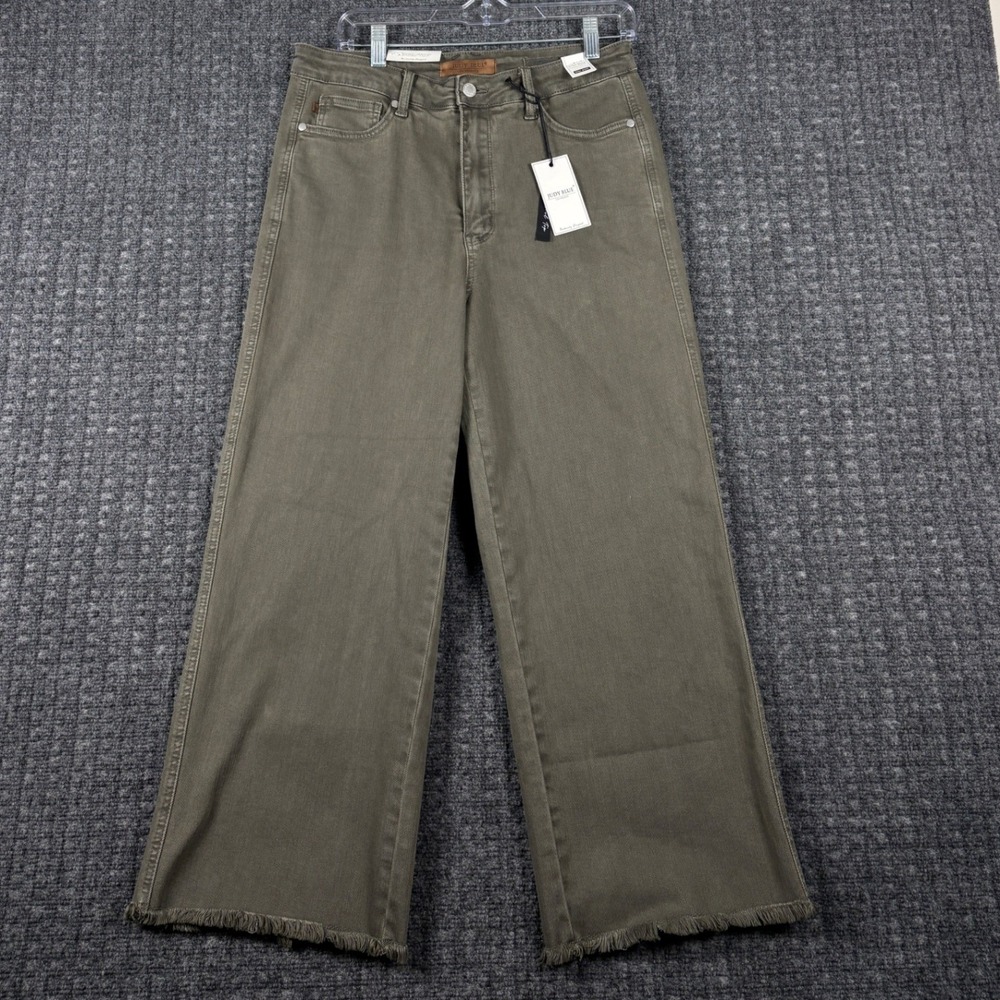 Judy Blue High Waist Garment Dyed Wide Leg Jeans Raw Hem 13/31 Olive Green Boho